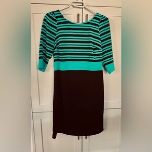 JACOB Teal and Black Striped Midi Dress with Bold Teal Band